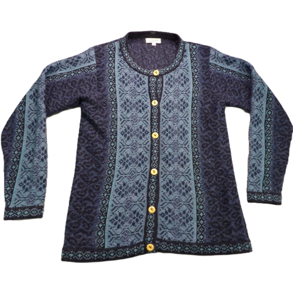 Novica 100% Alpaca Cardigan Women S Blue Geometric Knit Button Sweater Boho Peru